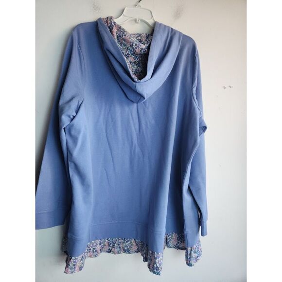 Quacker Factory Women Blue Full Zip w/Floral Hem Cotton Hoodie Sweater size 2X - Picture 3 of 10